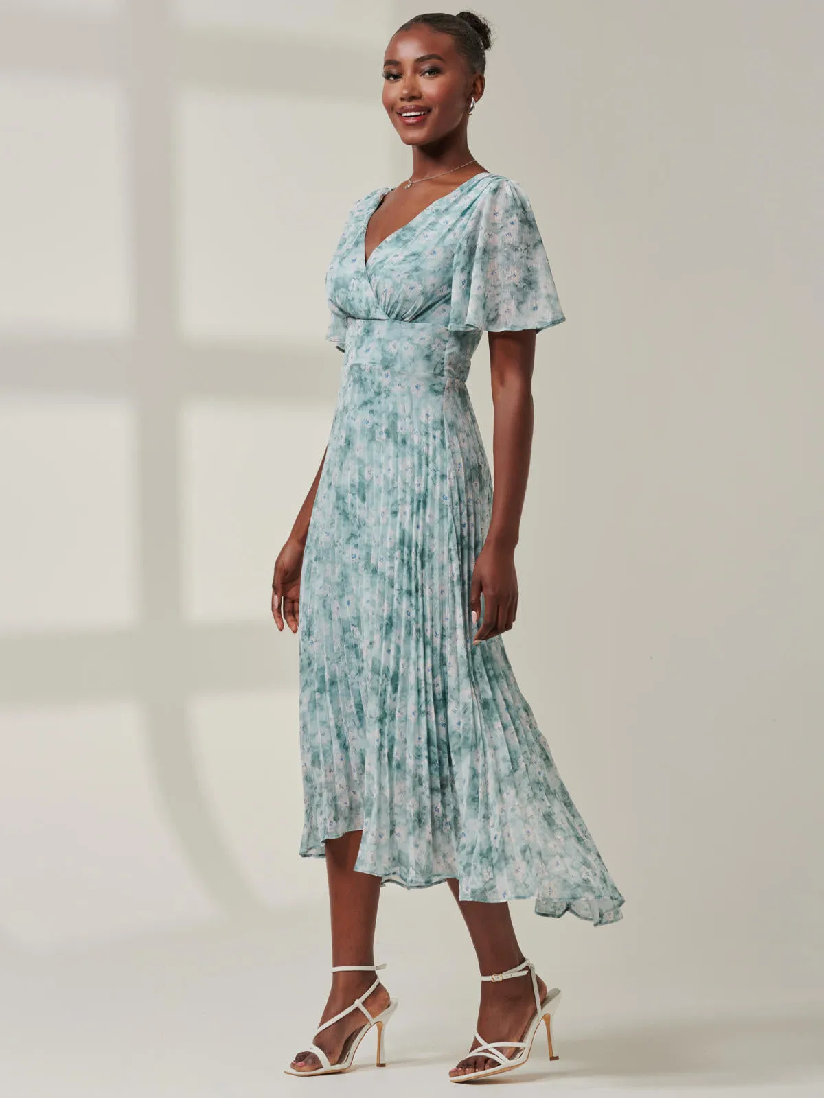 Chelsea Pleated Chiffon Dip Hem Maxi Dress, Blue Abstract