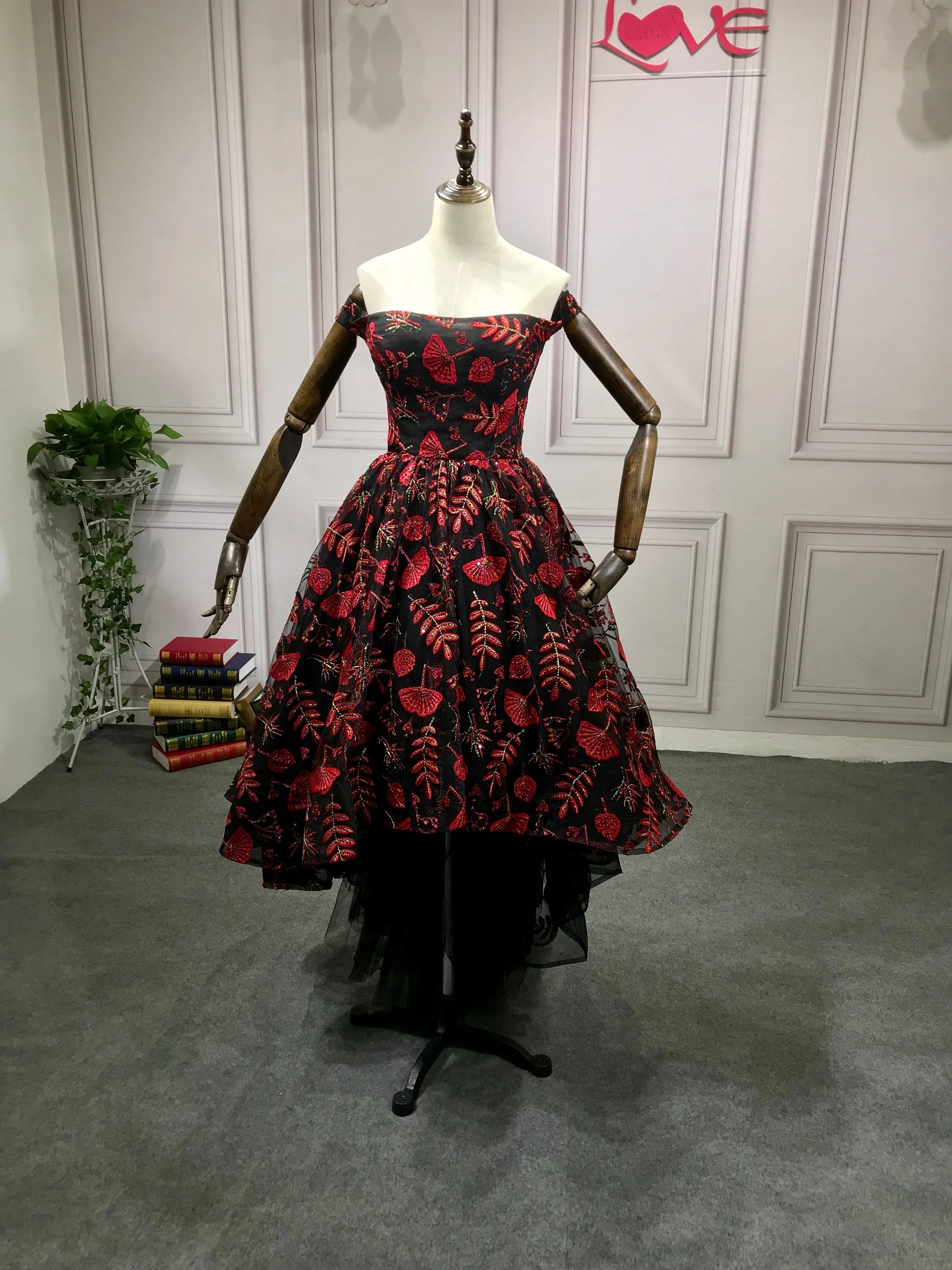 Chic black and red off shoulder hi low prom semi formal dress