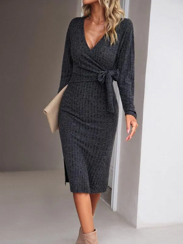 Chic Comfort: Women's V-Neck Knit Tie Dress for Effortless Style