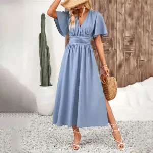 Chic Women Ruffle Solid Pleated Long Dress V Neck Summer Wear