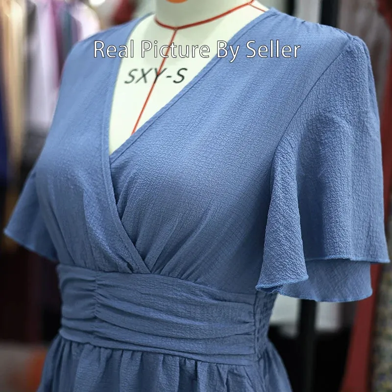 Chic Women Ruffle Solid Pleated Long Dress V Neck Summer Wear
