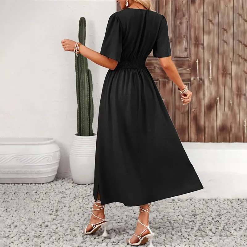 Chic Women Ruffle Solid Pleated Long Dress V Neck Summer Wear