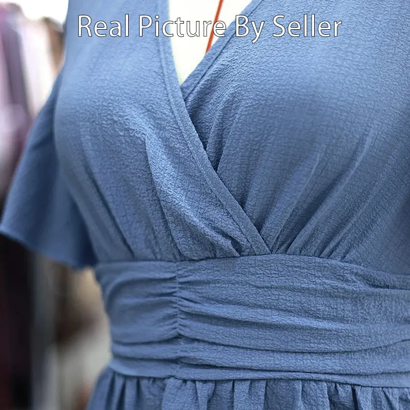 Chic Women Ruffle Solid Pleated Long Dress V Neck Summer Wear