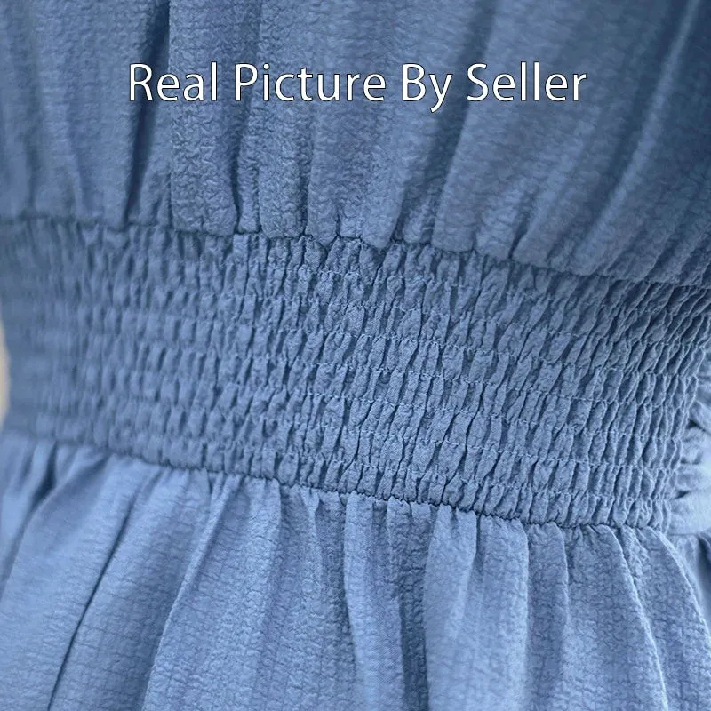 Chic Women Ruffle Solid Pleated Long Dress V Neck Summer Wear