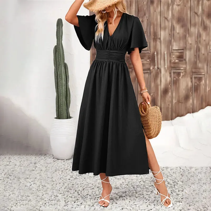 Chic Women Ruffle Solid Pleated Long Dress V Neck Summer Wear