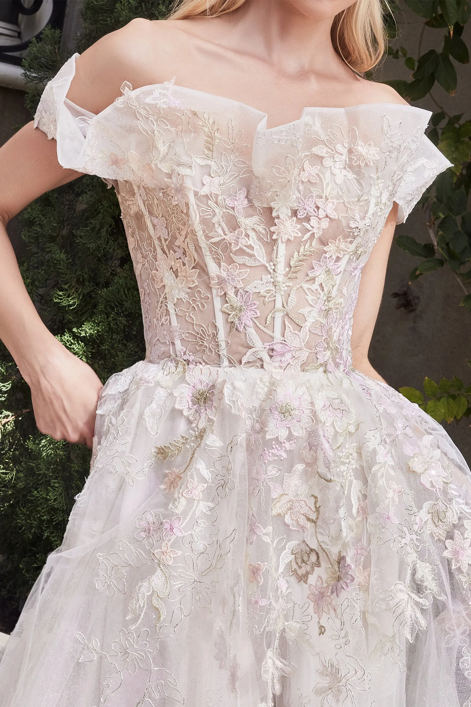 CINDERELLA DIVINE  A1090 Off-Shoulder Cape Sleeve Embroidery Ball Gown