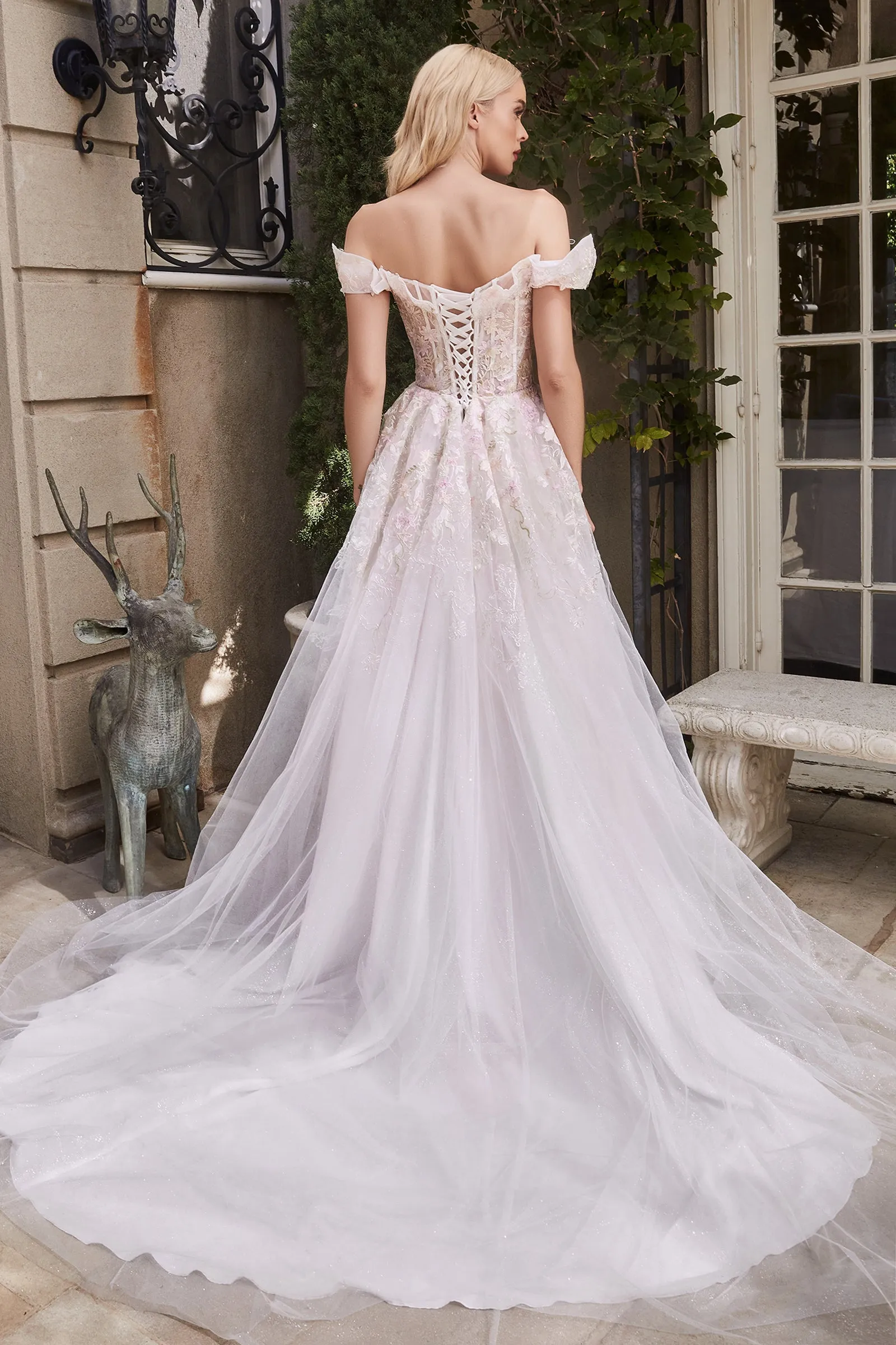 CINDERELLA DIVINE  A1090 Off-Shoulder Cape Sleeve Embroidery Ball Gown