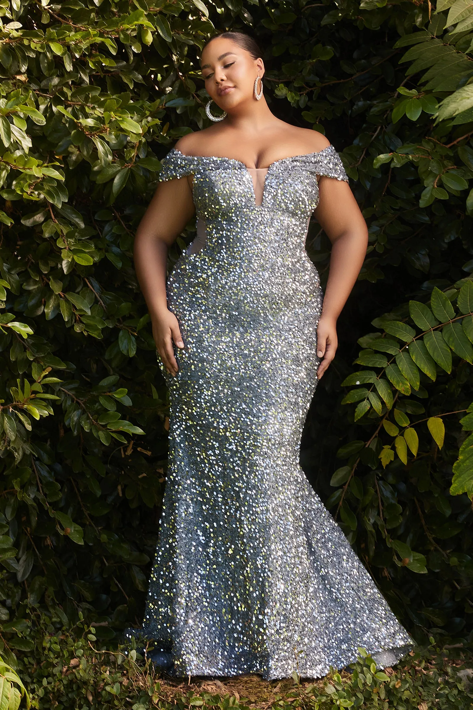 CINDERELLA DIVINE CD975C Plus Size Fitted Off-Shoulder Sequin Dress