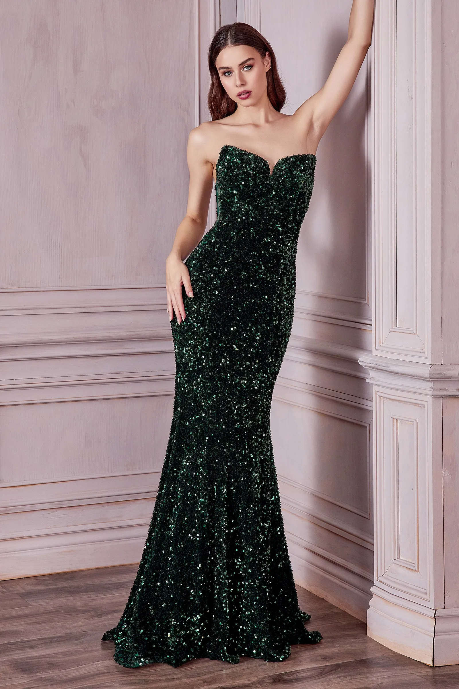 CINDERELLA DIVINE CH151 Fitted Strapless Sequin Gown