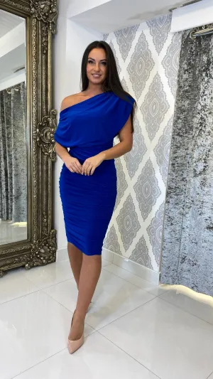 Cobalt Blue Jersey Ruched One Shoulder Midi Dress