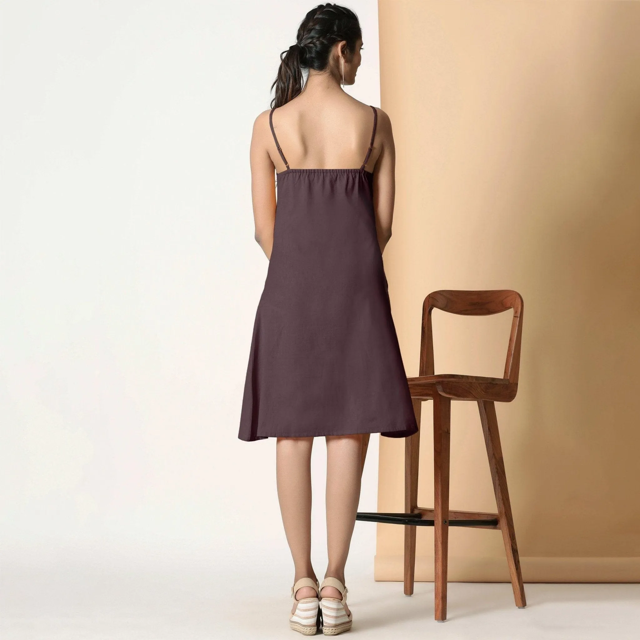 Cocoa Brown Cotton Flax Knee Length Strappy Slit Dress