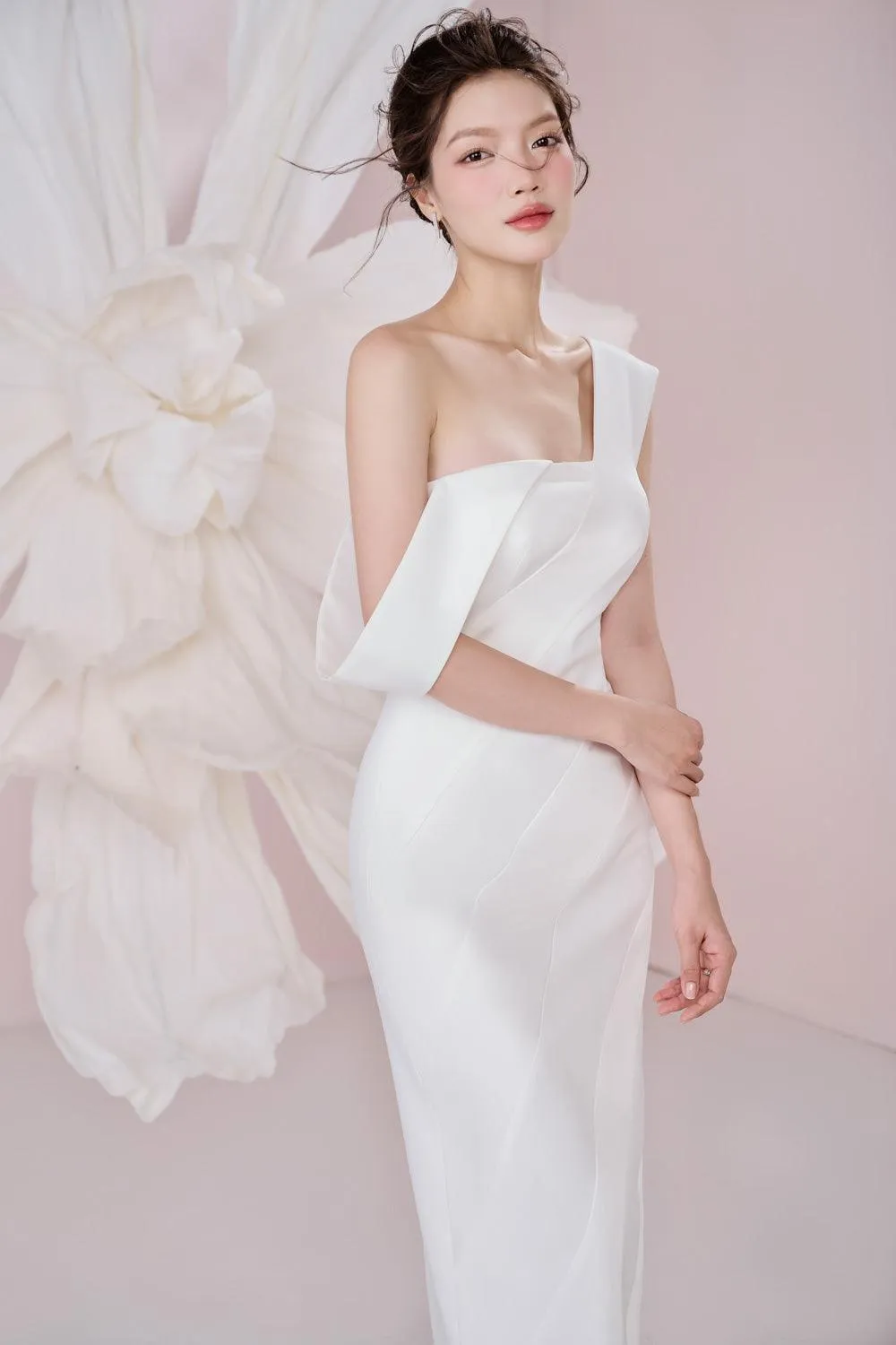 Coral Sheath Asymmetric Silk Crepe Ankle Length Dress