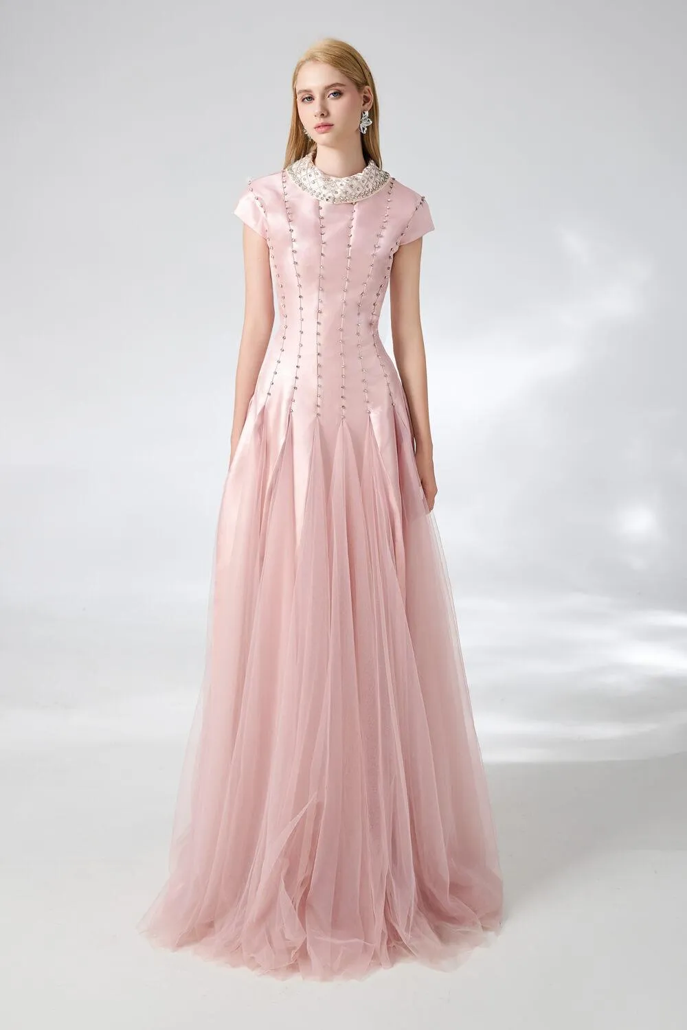Crane Gored Stone Mesh Silk Floor Length Dress