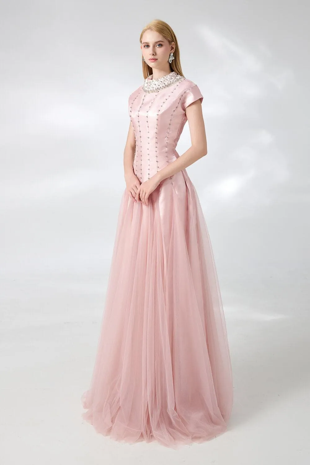 Crane Gored Stone Mesh Silk Floor Length Dress