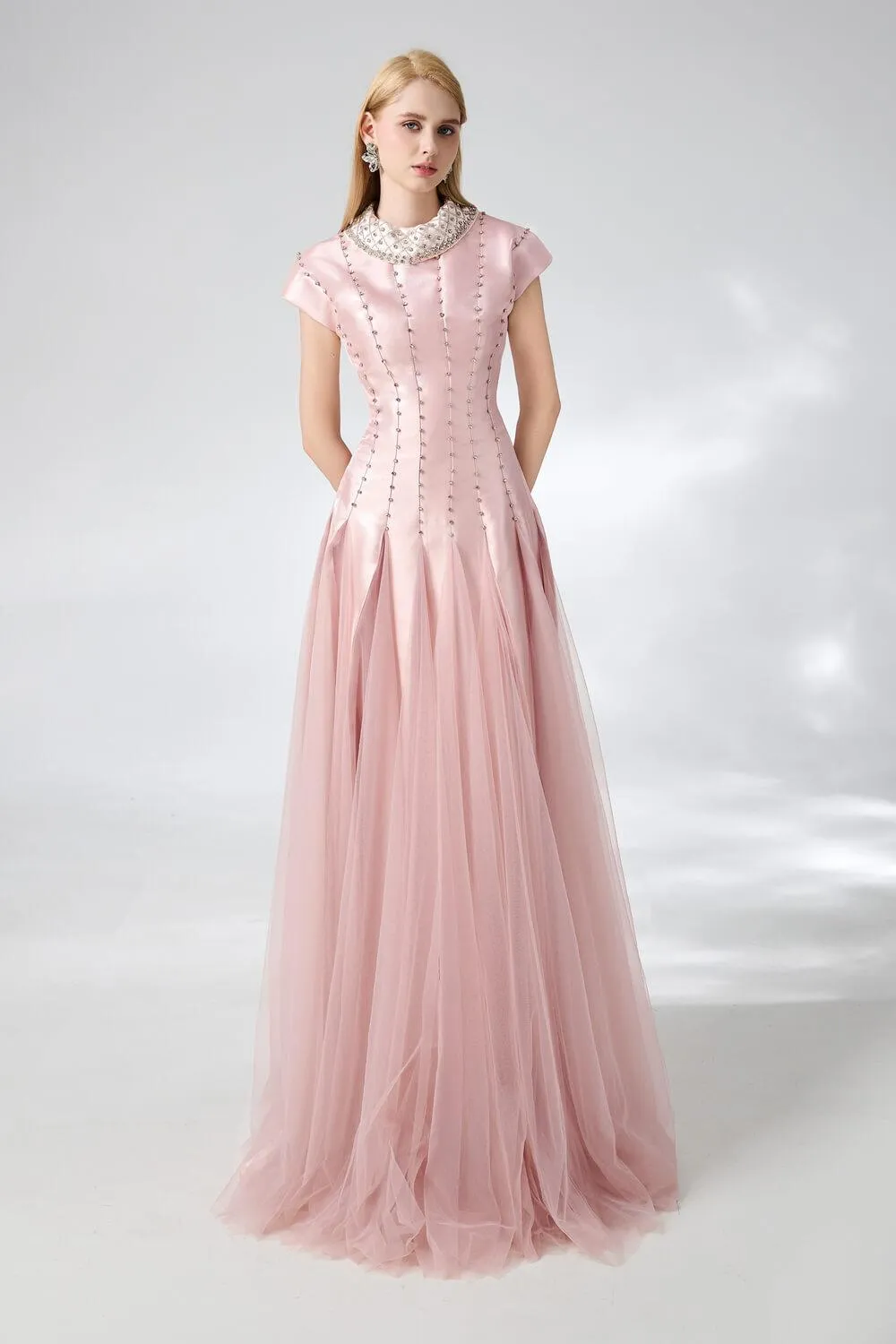 Crane Gored Stone Mesh Silk Floor Length Dress