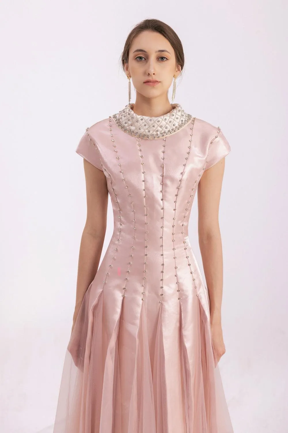 Crane Gored Stone Mesh Silk Floor Length Dress