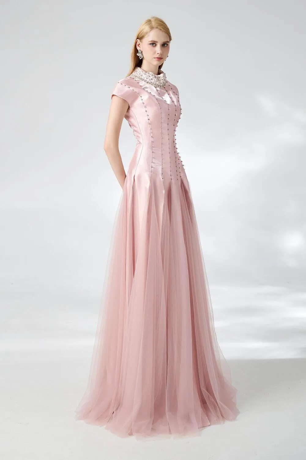 Crane Gored Stone Mesh Silk Floor Length Dress