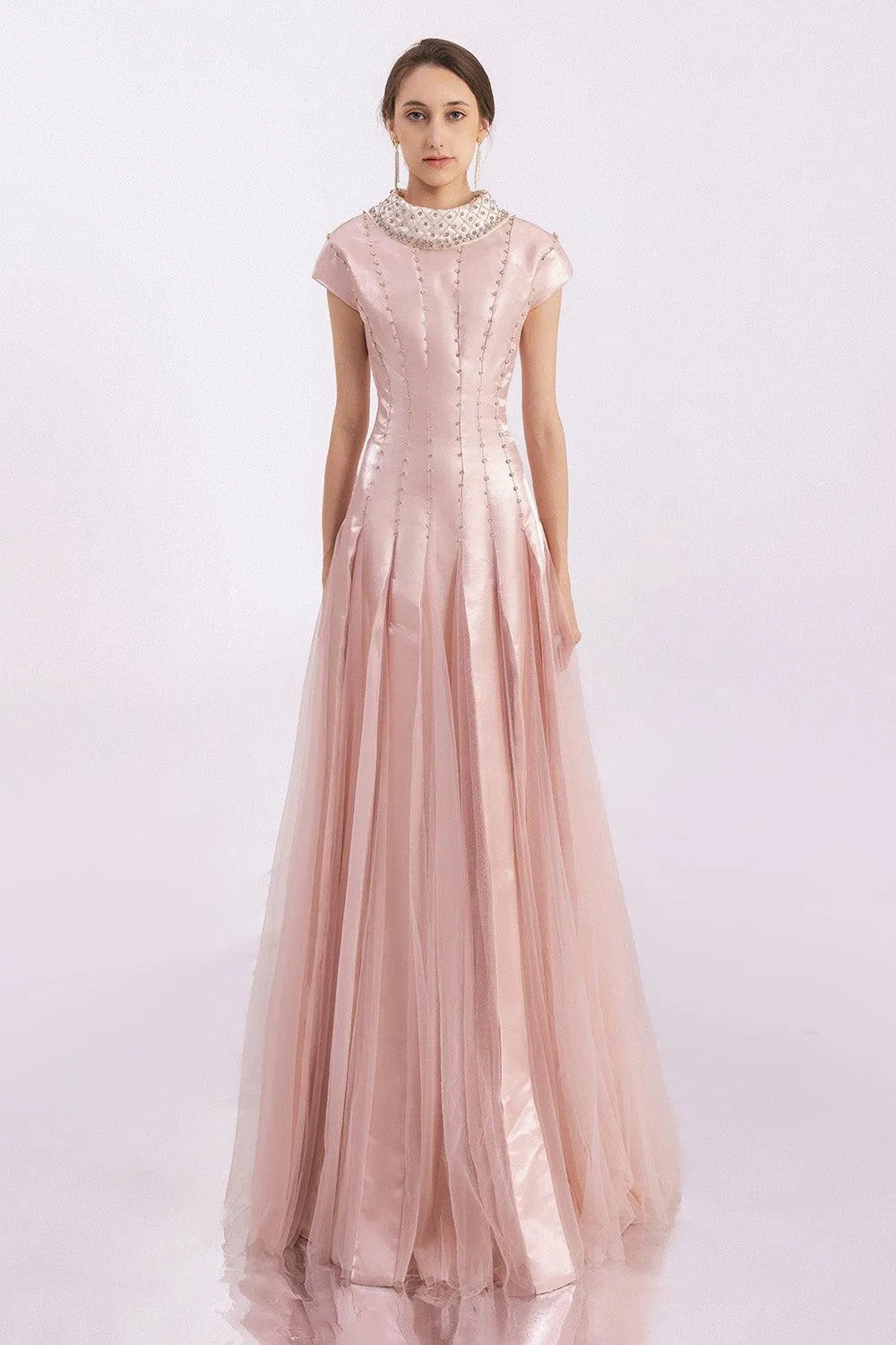 Crane Gored Stone Mesh Silk Floor Length Dress