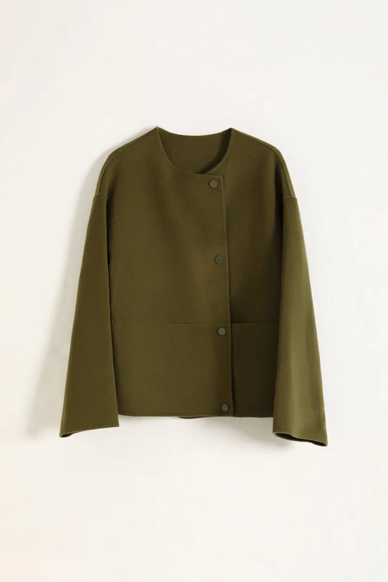 Cropped Asymmetric Collarless Double-Faced Wool Jacket