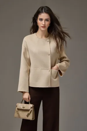 Cropped Asymmetric Collarless Double-Faced Wool Jacket