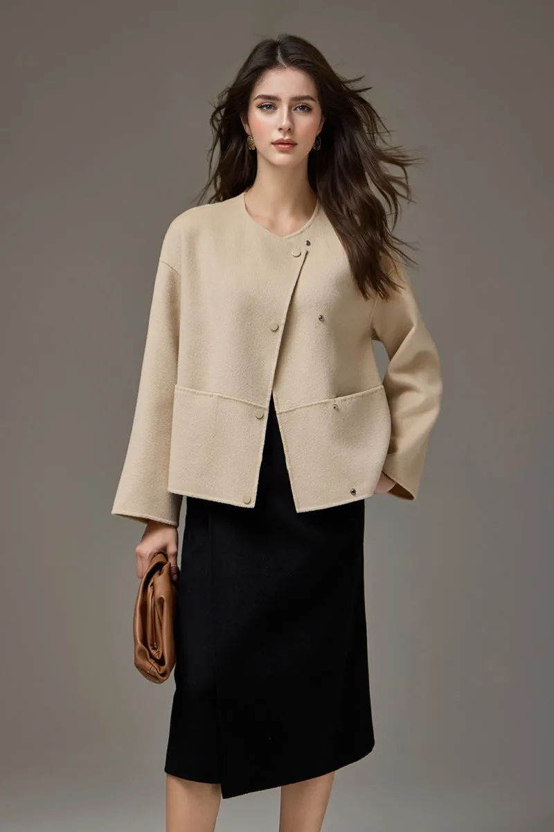 Cropped Asymmetric Collarless Double-Faced Wool Jacket