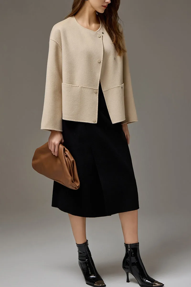 Cropped Asymmetric Collarless Double-Faced Wool Jacket