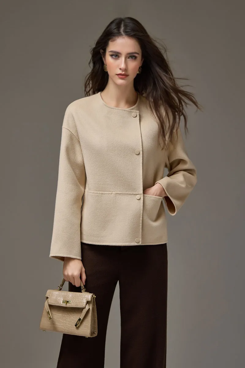 Cropped Asymmetric Collarless Double-Faced Wool Jacket