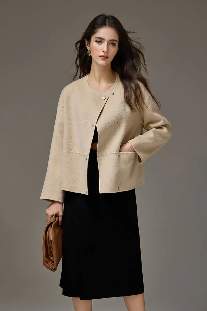 Cropped Asymmetric Collarless Double-Faced Wool Jacket