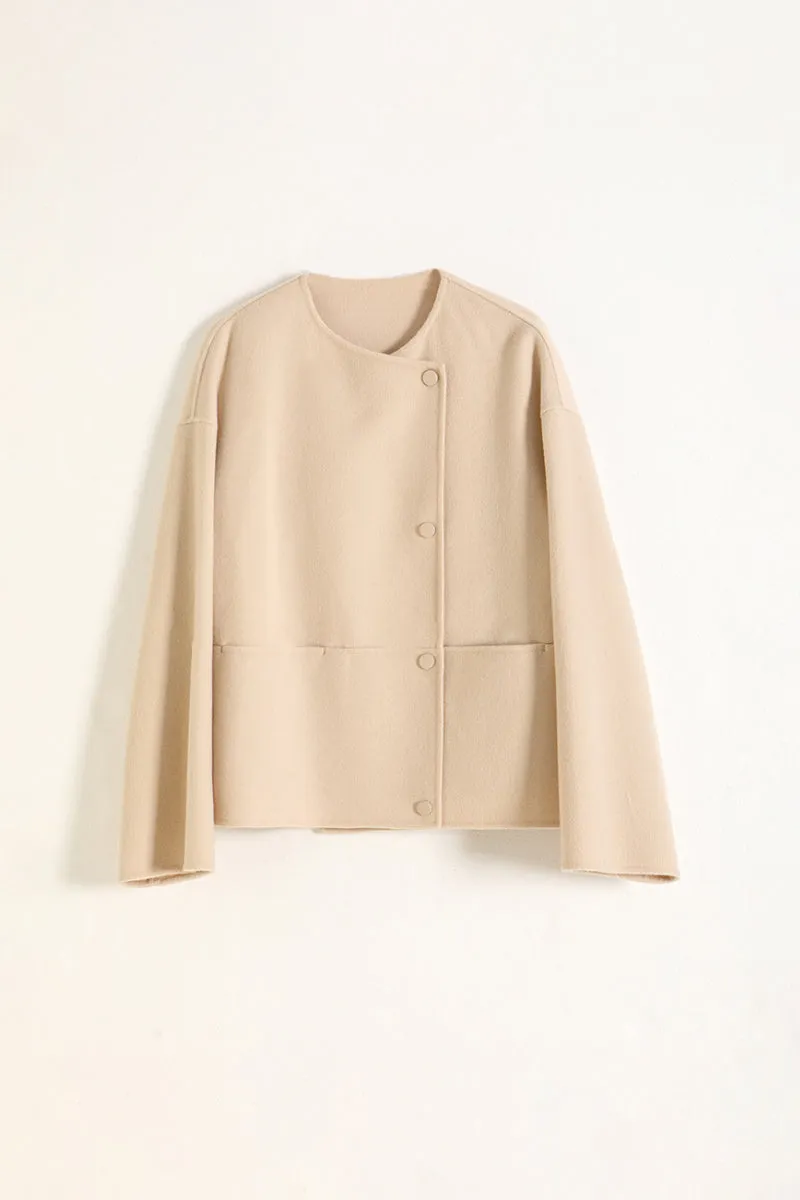 Cropped Asymmetric Collarless Double-Faced Wool Jacket