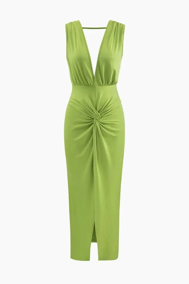 Deep V-neck Backless Slit Midi Dress
