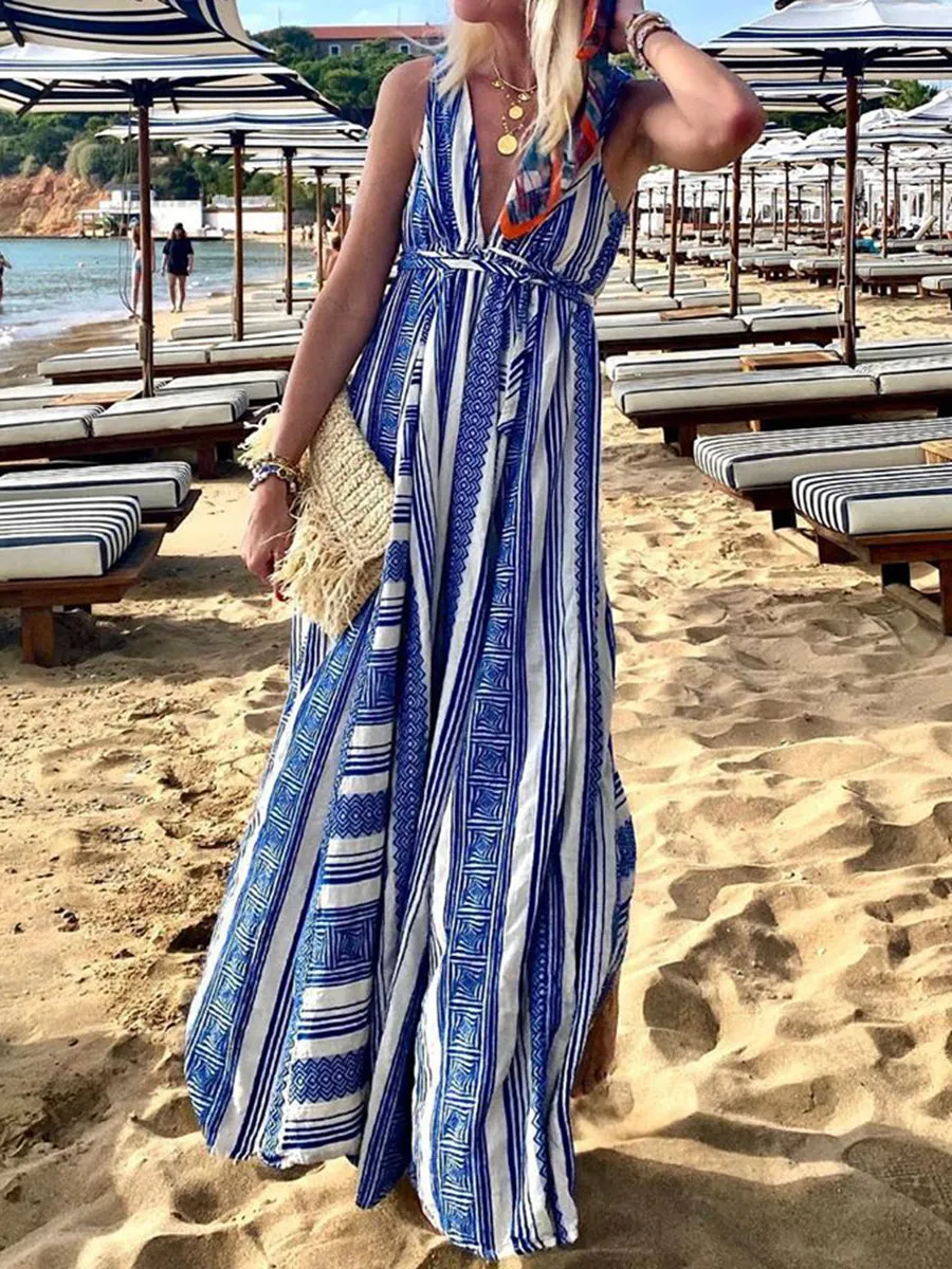 Deep V-Neck Sleeveless Maxi Dresses for Vacation