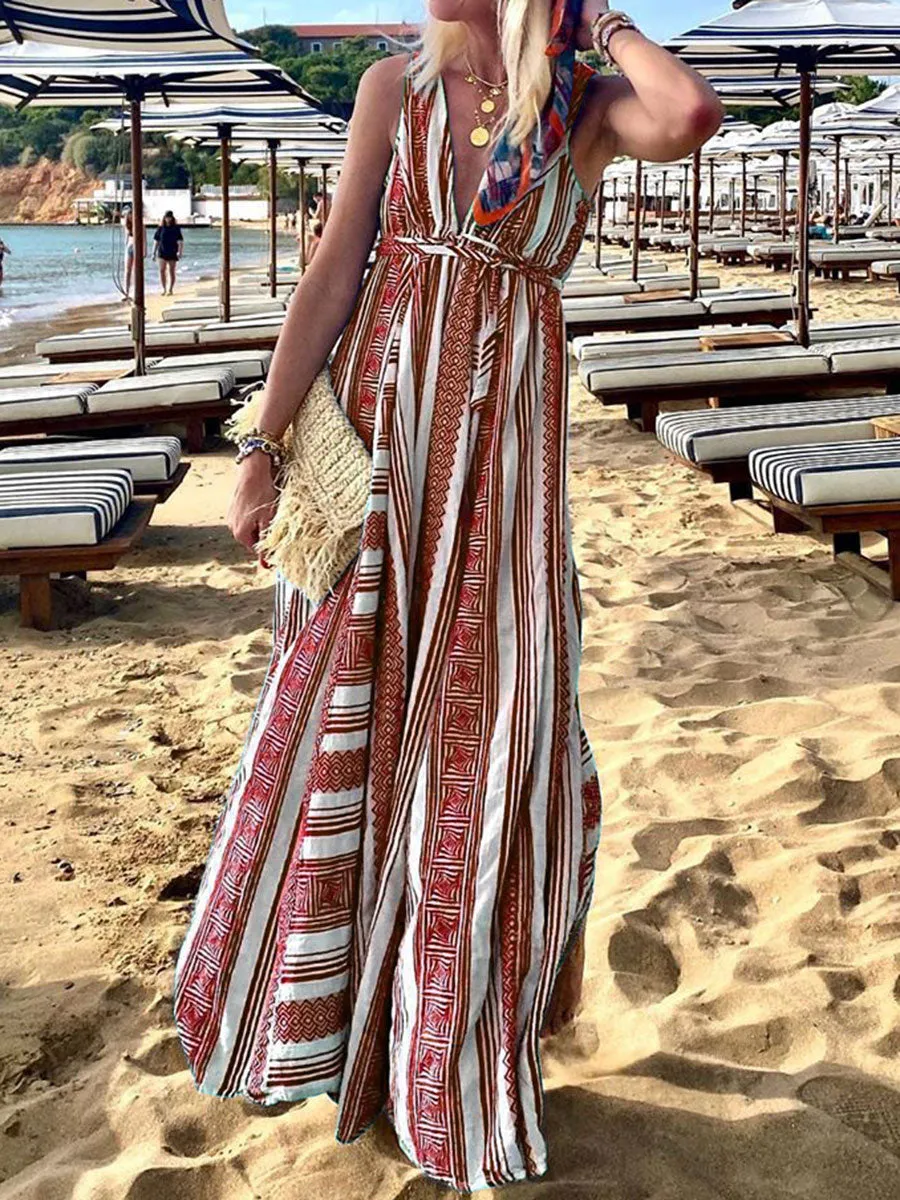 Deep V-Neck Sleeveless Maxi Dresses for Vacation