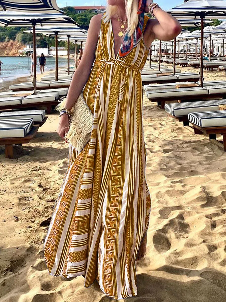 Deep V-Neck Sleeveless Maxi Dresses for Vacation