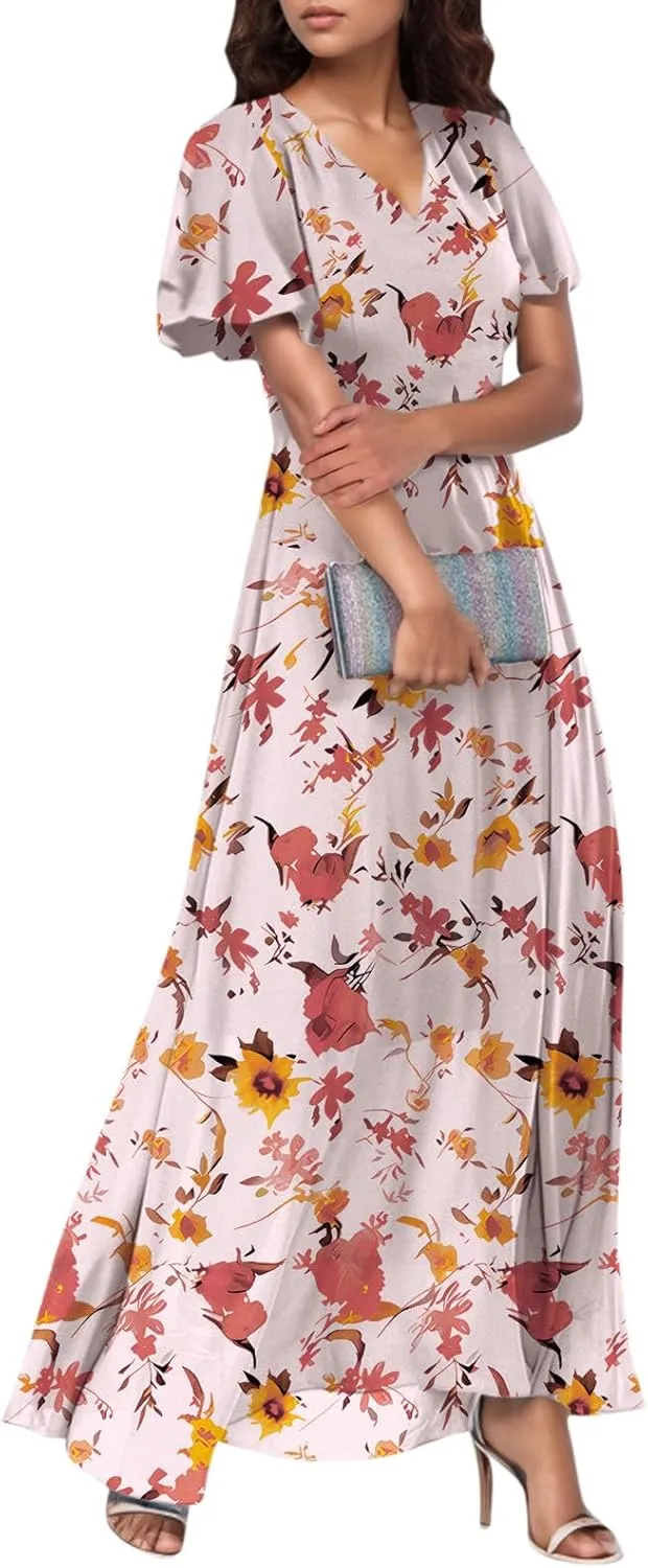 Easter Dress for Women 2025 Summer Dresses Maxi V Neck Floral Chiffon Dress Flowy Short Ruffle Sleeve
