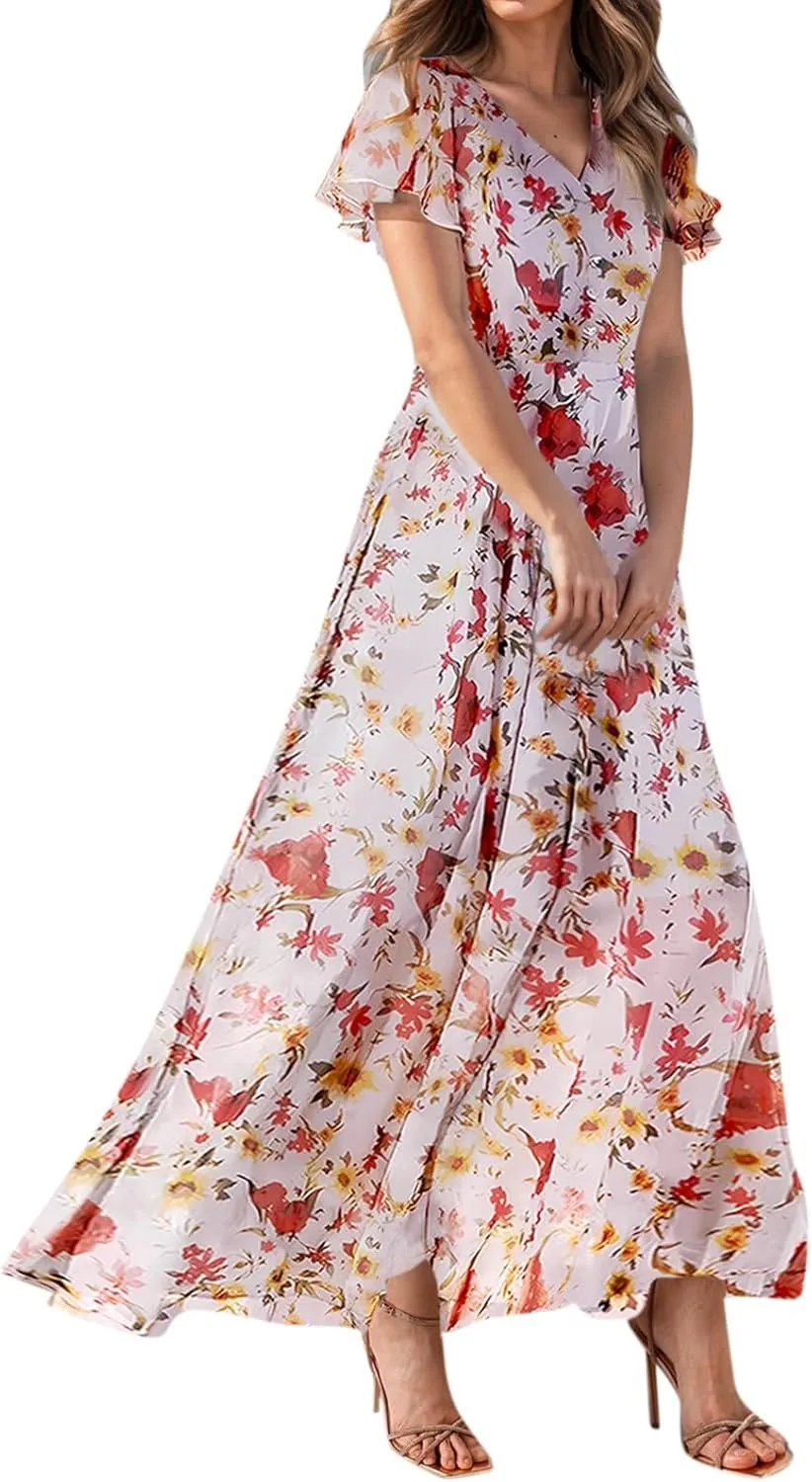 Easter Dress for Women 2025 Summer Dresses Maxi V Neck Floral Chiffon Dress Flowy Short Ruffle Sleeve