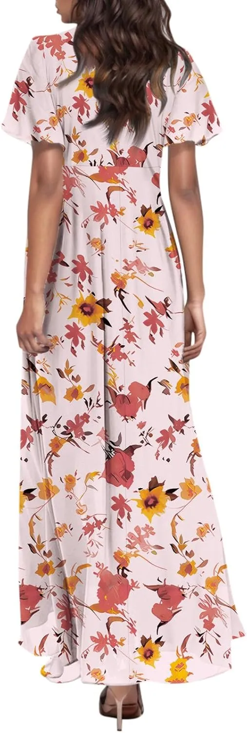 Easter Dress for Women 2025 Summer Dresses Maxi V Neck Floral Chiffon Dress Flowy Short Ruffle Sleeve