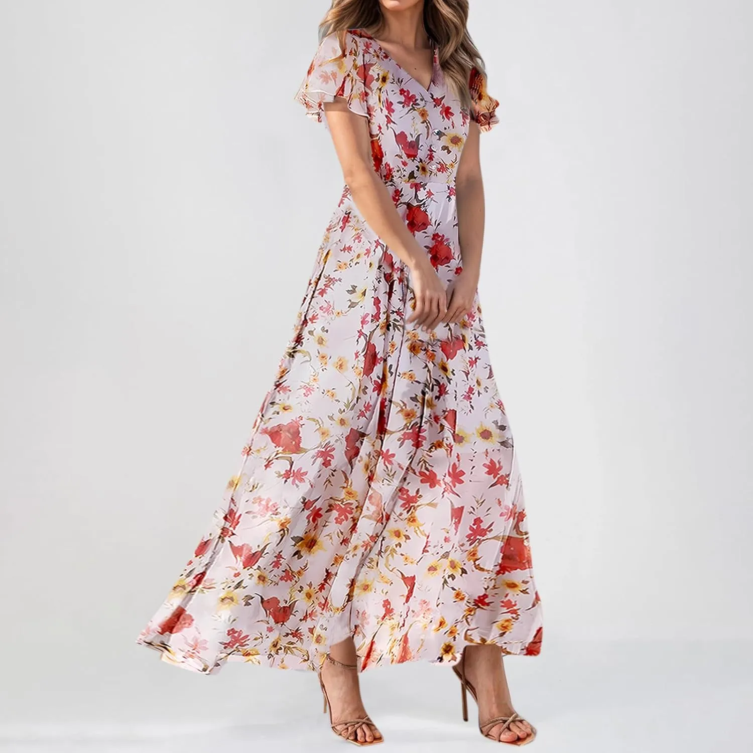 Easter Dress for Women 2025 Summer Dresses Maxi V Neck Floral Chiffon Dress Flowy Short Ruffle Sleeve