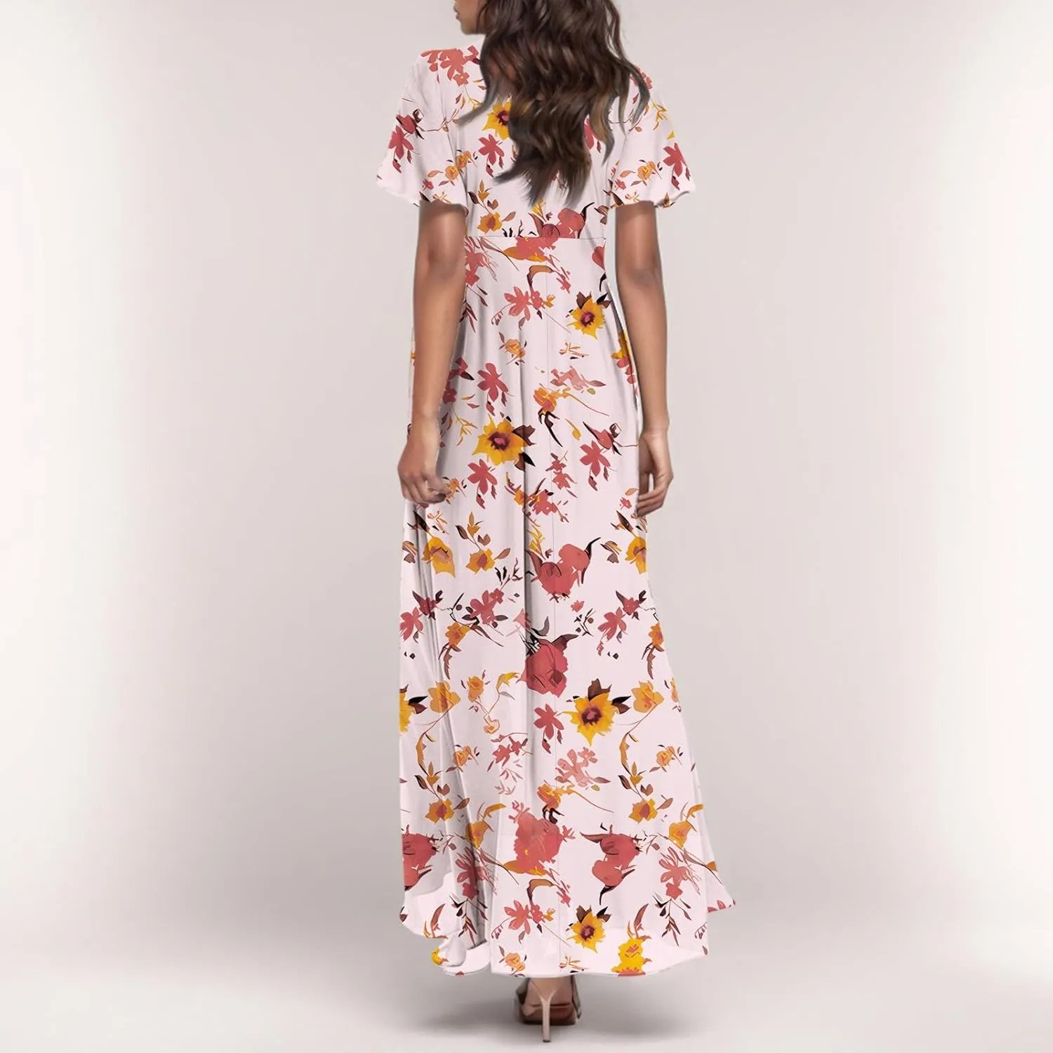 Easter Dress for Women 2025 Summer Dresses Maxi V Neck Floral Chiffon Dress Flowy Short Ruffle Sleeve
