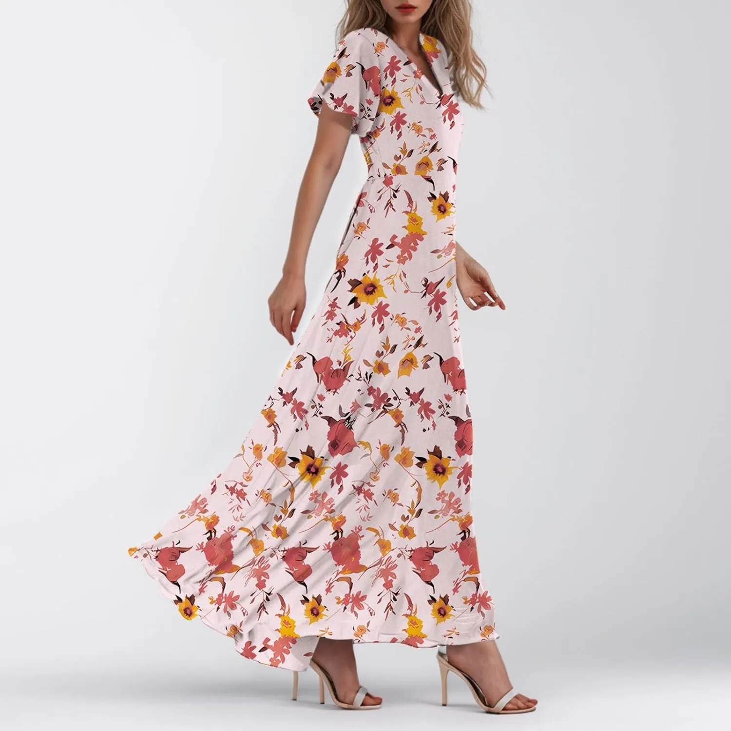 Easter Dress for Women 2025 Summer Dresses Maxi V Neck Floral Chiffon Dress Flowy Short Ruffle Sleeve
