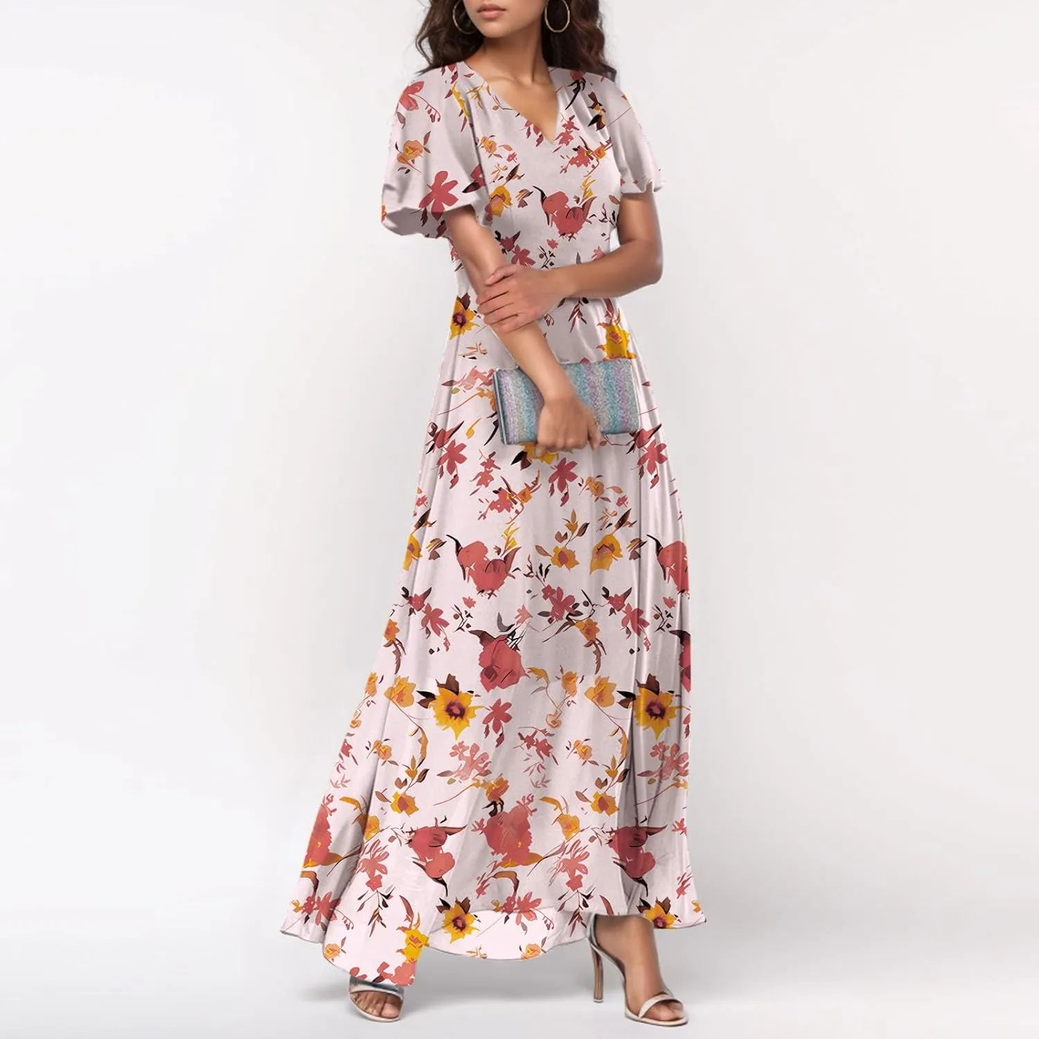 Easter Dress for Women 2025 Summer Dresses Maxi V Neck Floral Chiffon Dress Flowy Short Ruffle Sleeve
