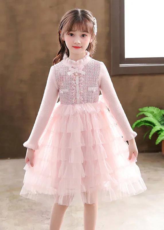 Elegant Pink Turtleneck Knit Patchwork Tulle Kids Vacation Mid Dresses Long Sleeve ML0174