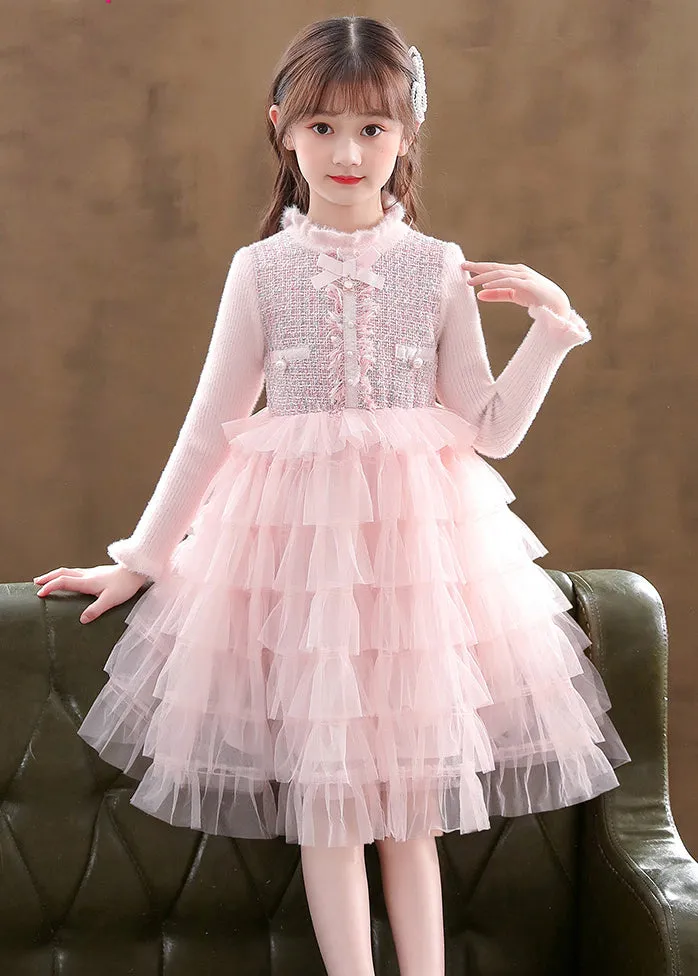 Elegant Pink Turtleneck Knit Patchwork Tulle Kids Vacation Mid Dresses Long Sleeve ML0174