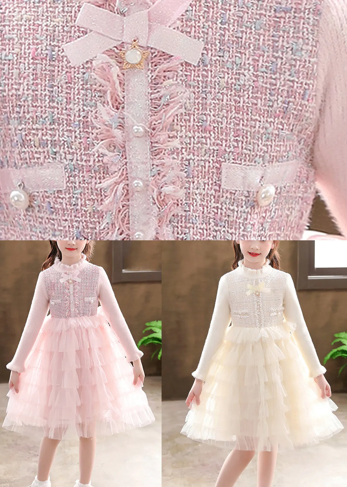 Elegant Pink Turtleneck Knit Patchwork Tulle Kids Vacation Mid Dresses Long Sleeve ML0174