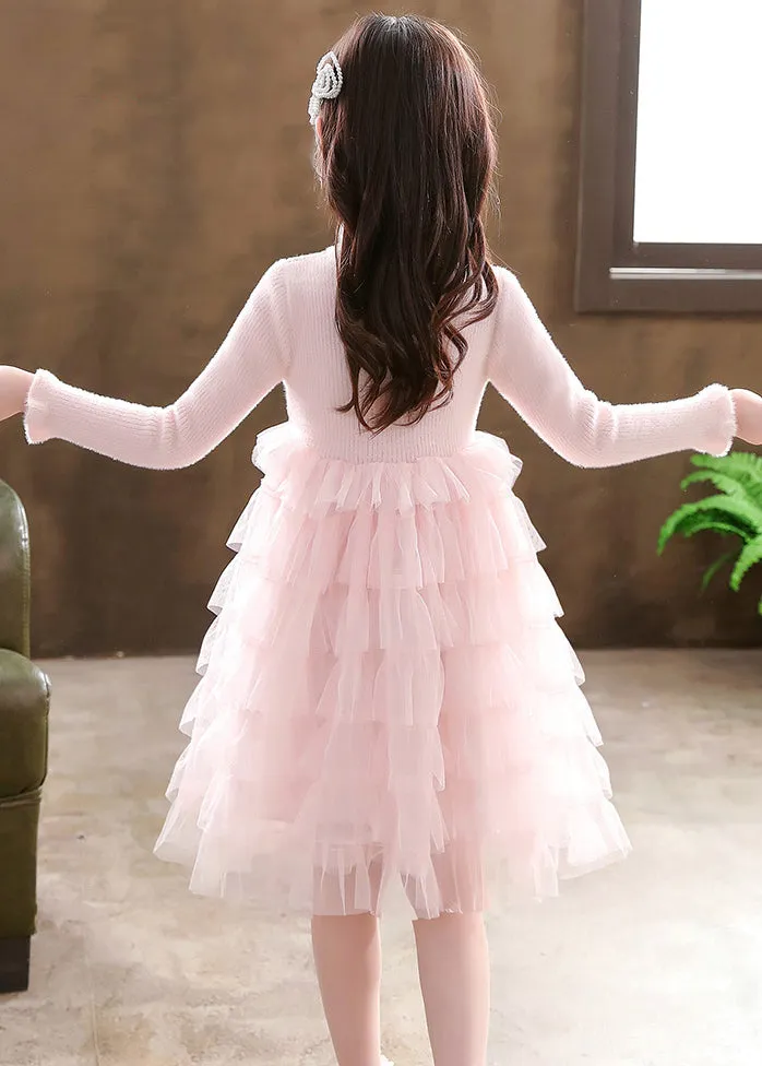 Elegant Pink Turtleneck Knit Patchwork Tulle Kids Vacation Mid Dresses Long Sleeve ML0174