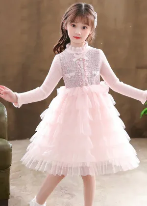 Elegant Pink Turtleneck Knit Patchwork Tulle Kids Vacation Mid Dresses Long Sleeve ML0174