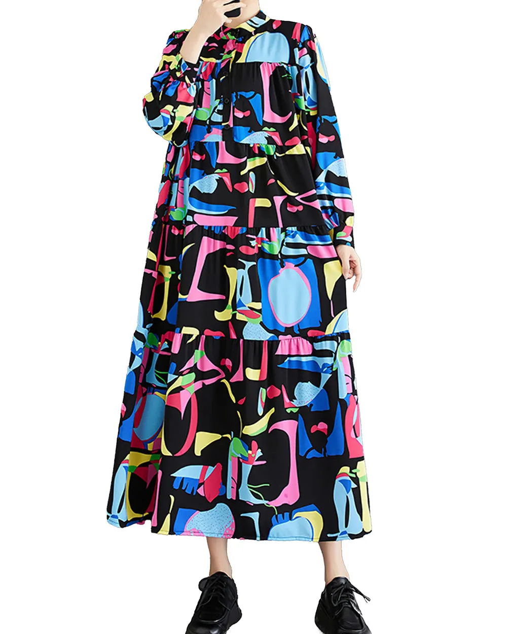 ellazhu Women's Long Sleeves Maxi Length Patchwork Pattern Print Flowy Hem Dress GZ160