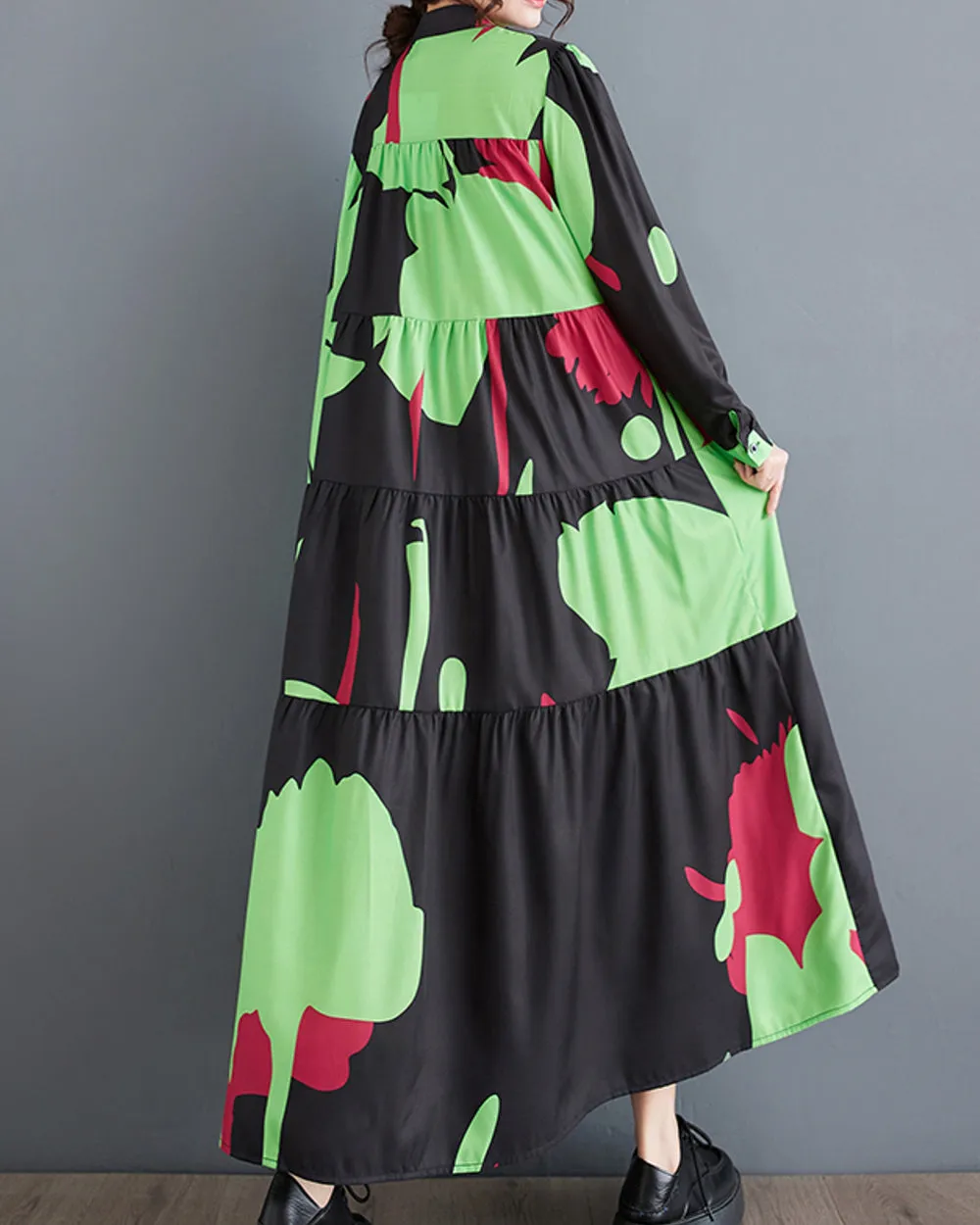 ellazhu Women's Long Sleeves Maxi Length Patchwork Pattern Print Flowy Hem Dress GZ160