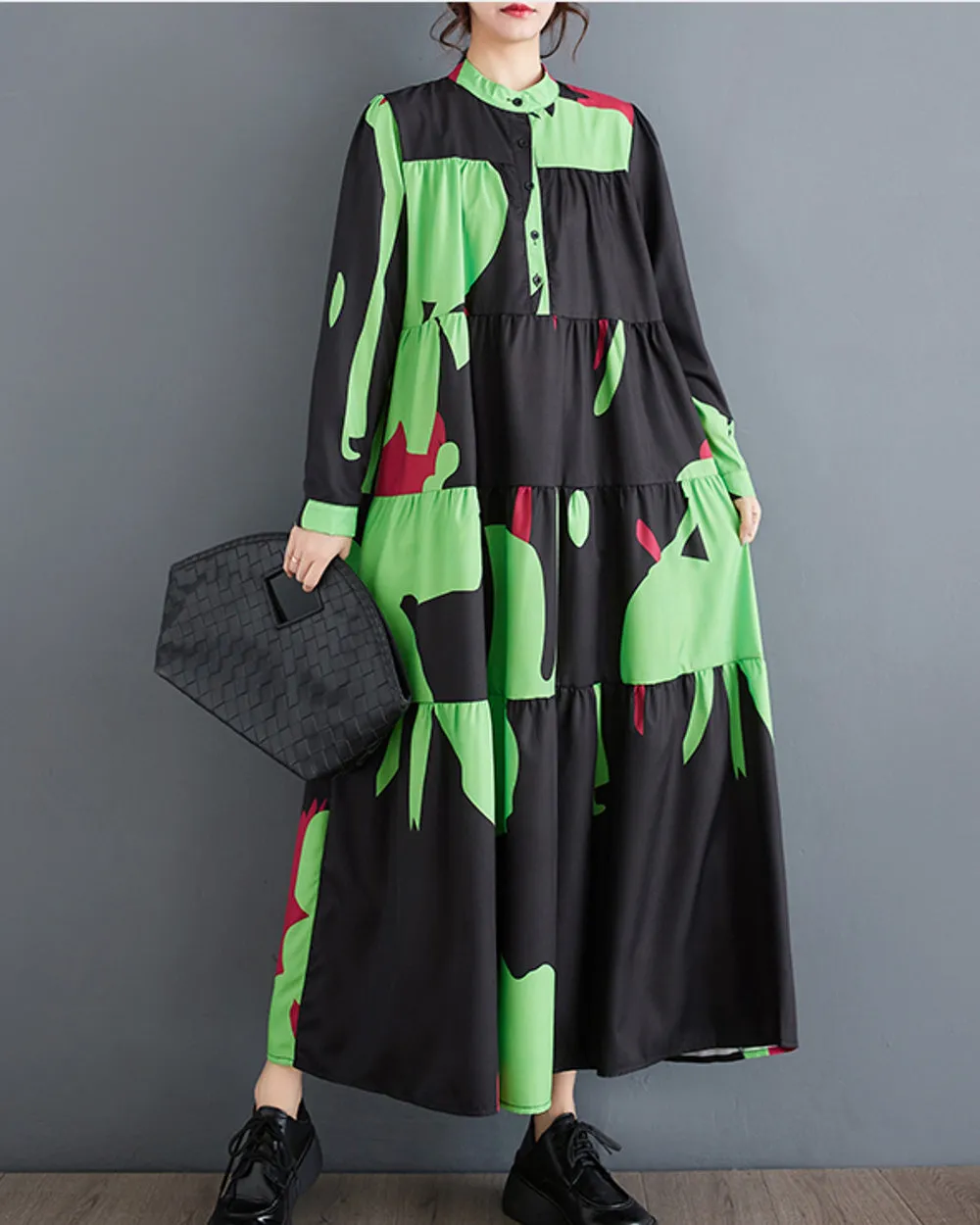 ellazhu Women's Long Sleeves Maxi Length Patchwork Pattern Print Flowy Hem Dress GZ160