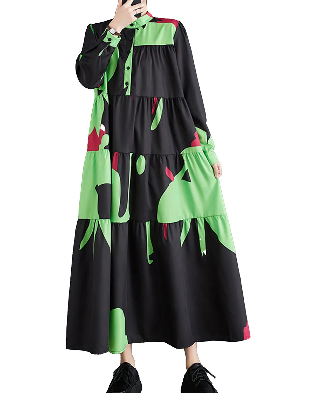 ellazhu Women's Long Sleeves Maxi Length Patchwork Pattern Print Flowy Hem Dress GZ160