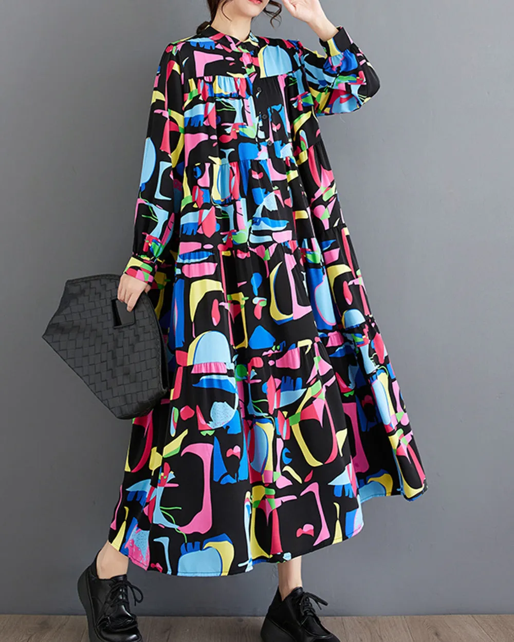 ellazhu Women's Long Sleeves Maxi Length Patchwork Pattern Print Flowy Hem Dress GZ160